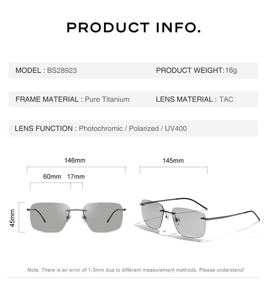 CAPONI Pure Titanium Photochromic Sunglasses Rimless Polarized Driving Men's Sun Glasses Ultra Light UV400 Brand Shades BS28923