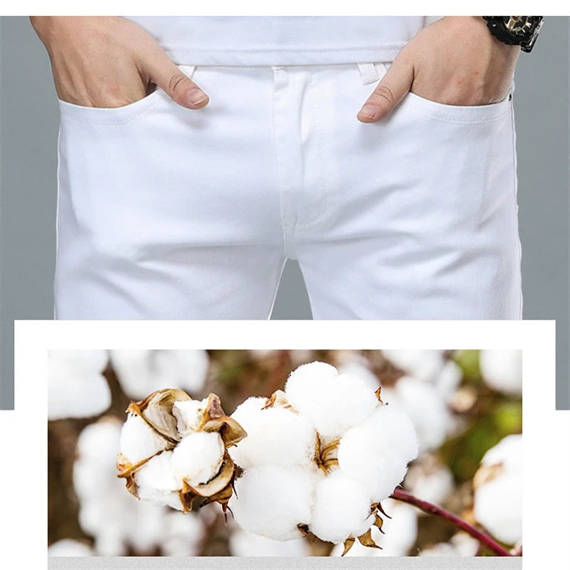 Classic Style Men's Regular Fit White Jeans Business Smart Fashion Denim Advanced Stretch Cotton Trousers Male Brand Pants