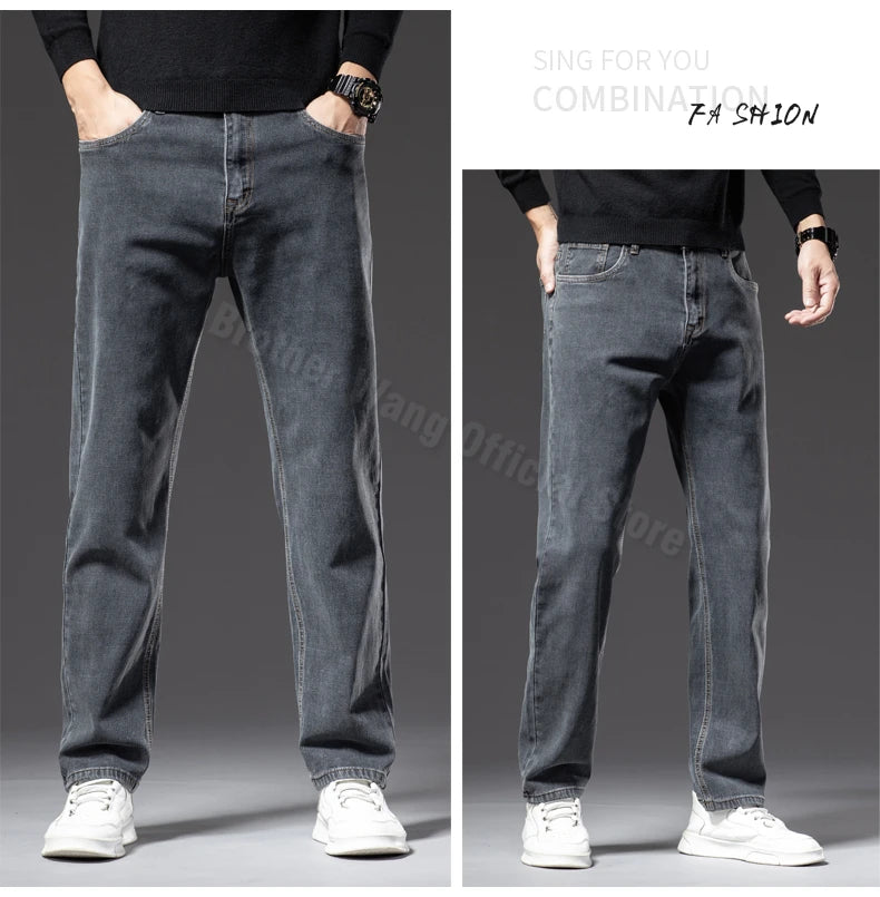 Autumn Men's Dark Blue Straight-leg Brand Jeans Classic Style Business Casual Cotton Stretch Denim Pants Male Plus Size 40 42 44