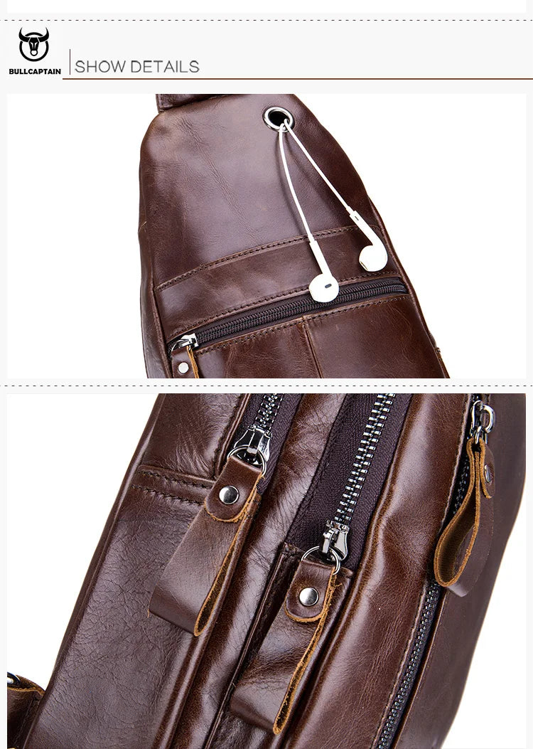 BULLCAPTAIN Men's Genuine Leather Casual Crossbody Bags Leather Chest Bag For Men Fashion Excursion Bag's Can Hold 7.9 Inch IPai