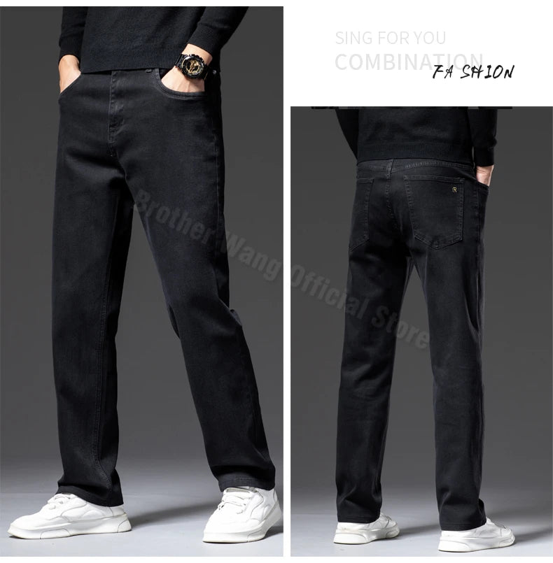 Autumn Men's Dark Blue Straight-leg Brand Jeans Classic Style Business Casual Cotton Stretch Denim Pants Male Plus Size 40 42 44