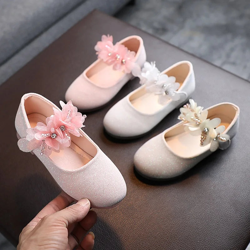 Kids Leather Girls Shoes Shining Flowers Princess Shoes For Baby Party Wedding Children Flats Spring Summer Dress Shoes