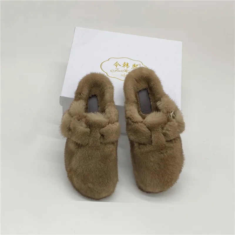 Real Leather Mink Fur Slippers Woman Luxury Flat Solid Color Horse Hair Round Toe Covered Toe Shoes Woman Designer Brand Casual