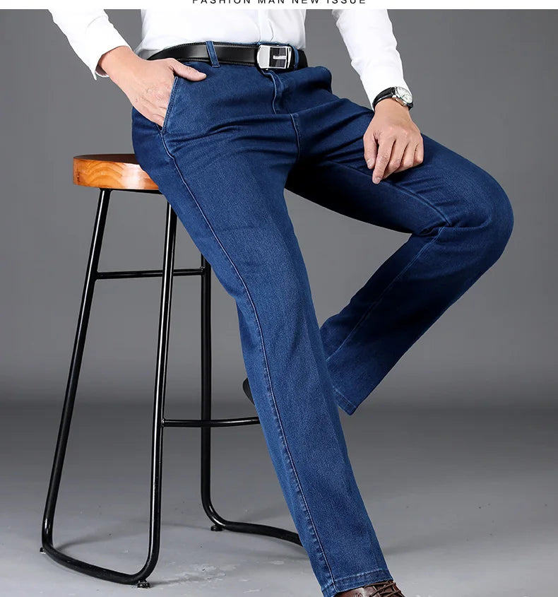 Classic Style Autumn and Winter Men's Thick High Waist Jeans Business Casual Denim Stretch Straight Trousers Male Brand Pants