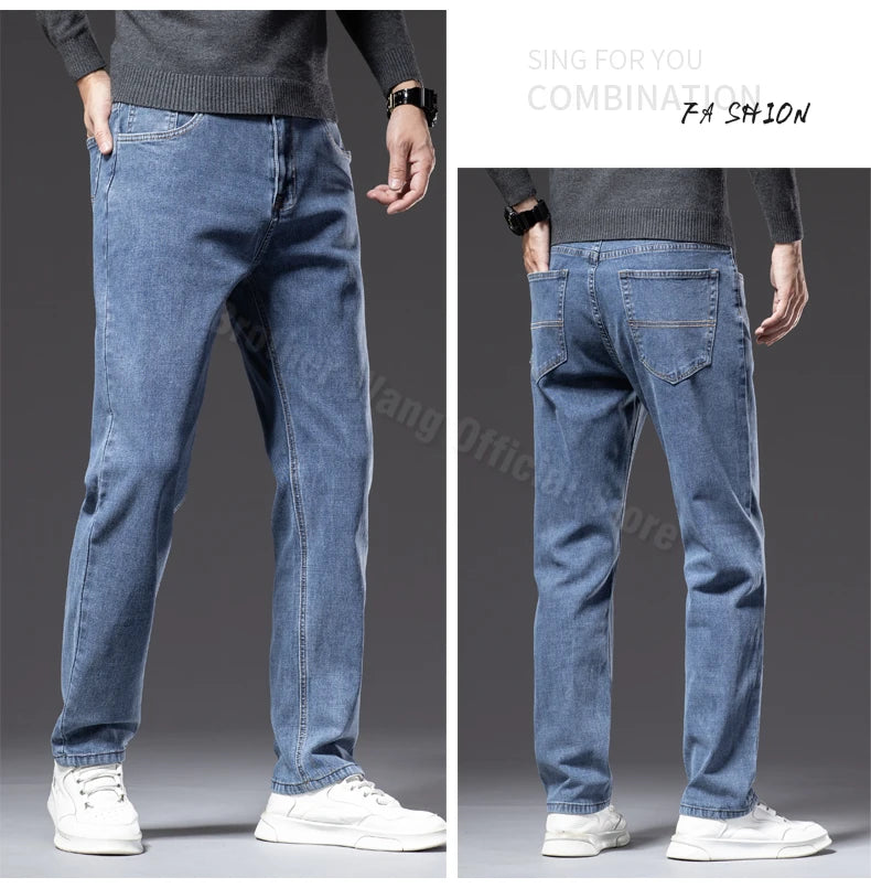 Autumn Men's Dark Blue Straight-leg Brand Jeans Classic Style Business Casual Cotton Stretch Denim Pants Male Plus Size 40 42 44