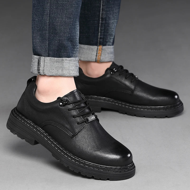 Business mens shoes Comfortable High Quality Genuine Leather Full Black Office Men Oxfords shose Spring/Autumn Shallow Lace-up