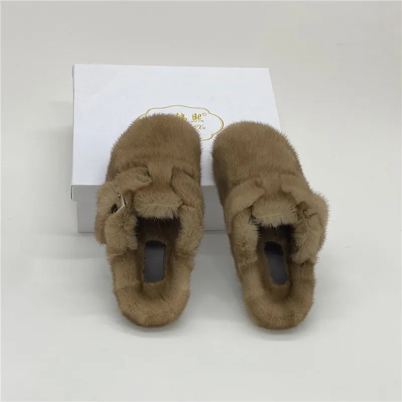 Real Leather Mink Fur Slippers Woman Luxury Flat Solid Color Horse Hair Round Toe Covered Toe Shoes Woman Designer Brand Casual