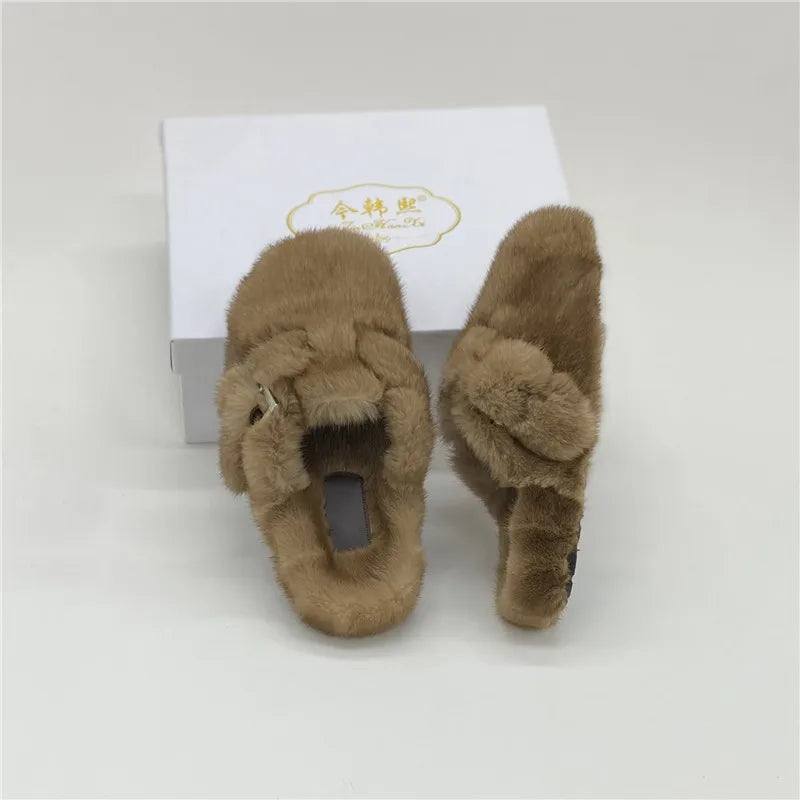 Real Leather Mink Fur Slippers Woman Luxury Flat Solid Color Horse Hair Round Toe Covered Toe Shoes Woman Designer Brand Casual