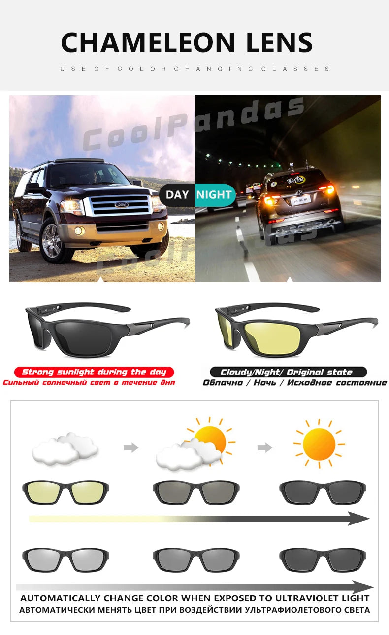 Brand Outdoor Sport Driving Photochromic Sunglasses Men Polarized Glasses Day Night Vision Chamelon Goggle UV400 zonnebril heren