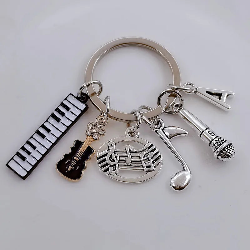 New Fashion A-Z Letter Microphone Piano Keychain Music Keychain Metal Note Guitar Pendant Handmade Jewelry