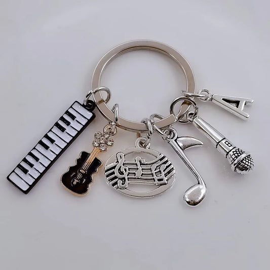 New Fashion A-Z Letter Microphone Piano Keychain Music Keychain Metal Note Guitar Pendant Handmade Jewelry