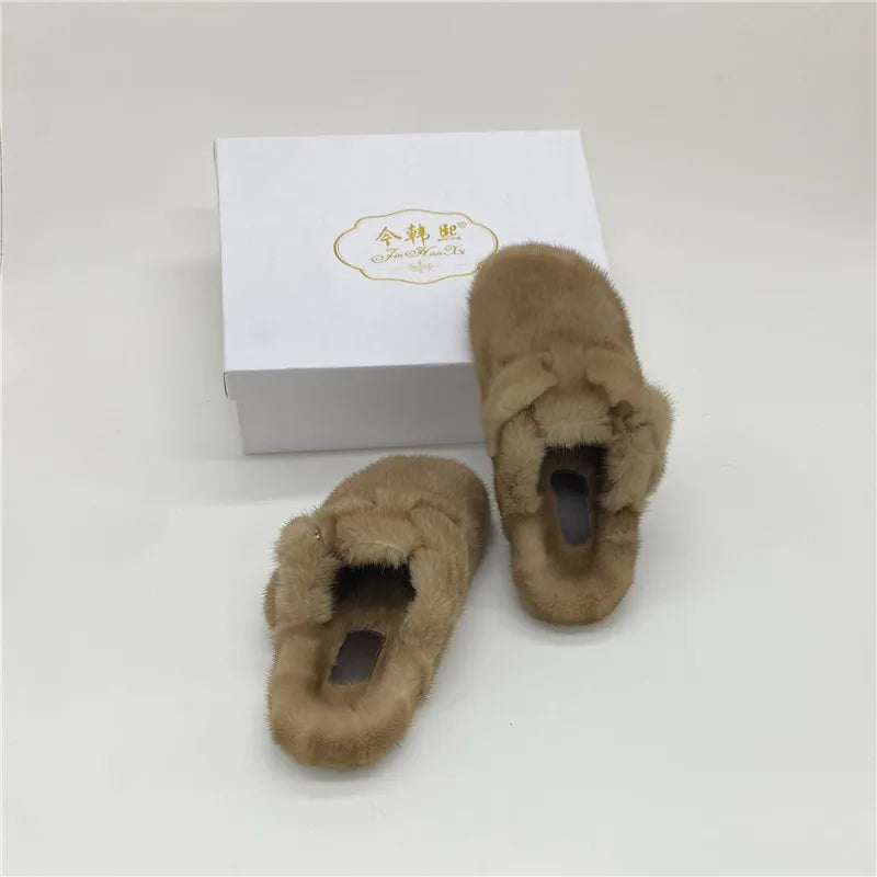 Real Leather Mink Fur Slippers Woman Luxury Flat Solid Color Horse Hair Round Toe Covered Toe Shoes Woman Designer Brand Casual