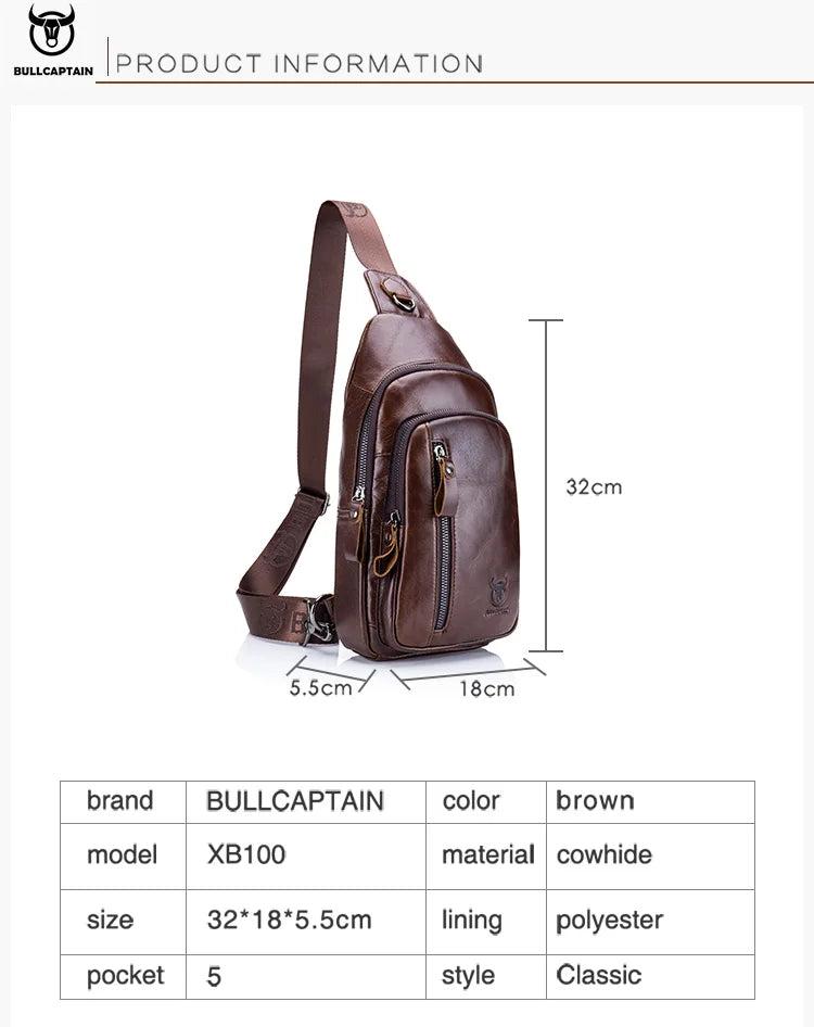 BULLCAPTAIN Men's Genuine Leather Casual Crossbody Bags Leather Chest Bag For Men Fashion Excursion Bag's Can Hold 7.9 Inch IPai