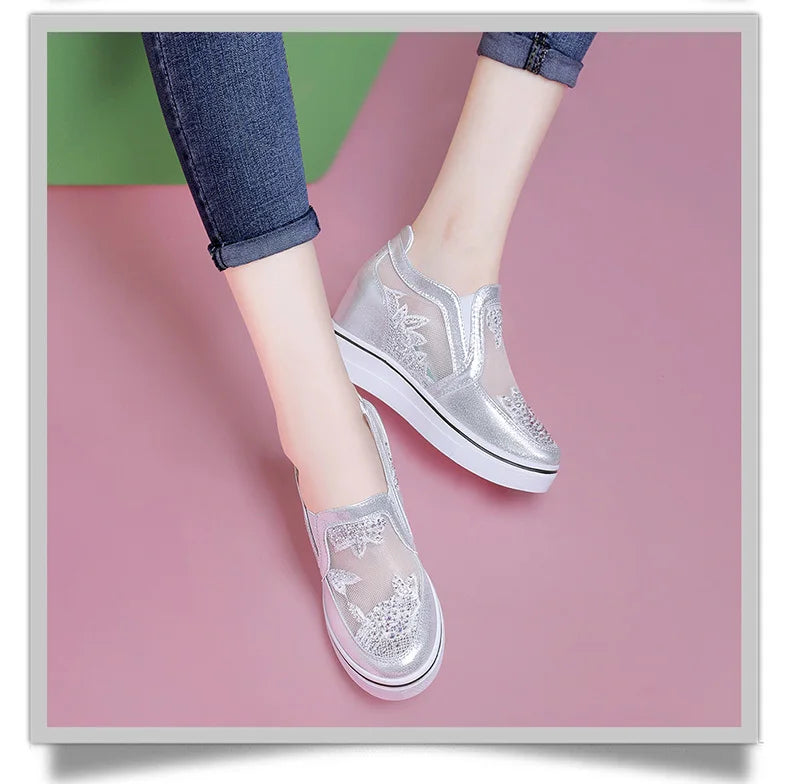 Comfortable Women Loafers Shoes Lace Slip On Walking Shoes White Sneakers Casual Shoes Ballet Flats Platform Shoes Rhinestone