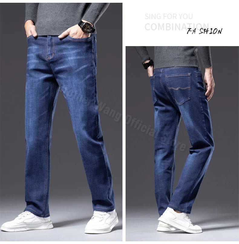 Autumn Men's Dark Blue Straight-leg Brand Jeans Classic Style Business Casual Cotton Stretch Denim Pants Male Plus Size 40 42 44