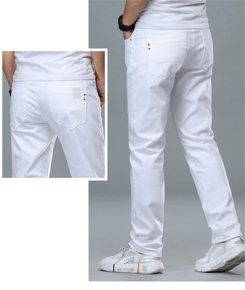 Classic Style Men's Regular Fit White Jeans Business Smart Fashion Denim Advanced Stretch Cotton Trousers Male Brand Pants