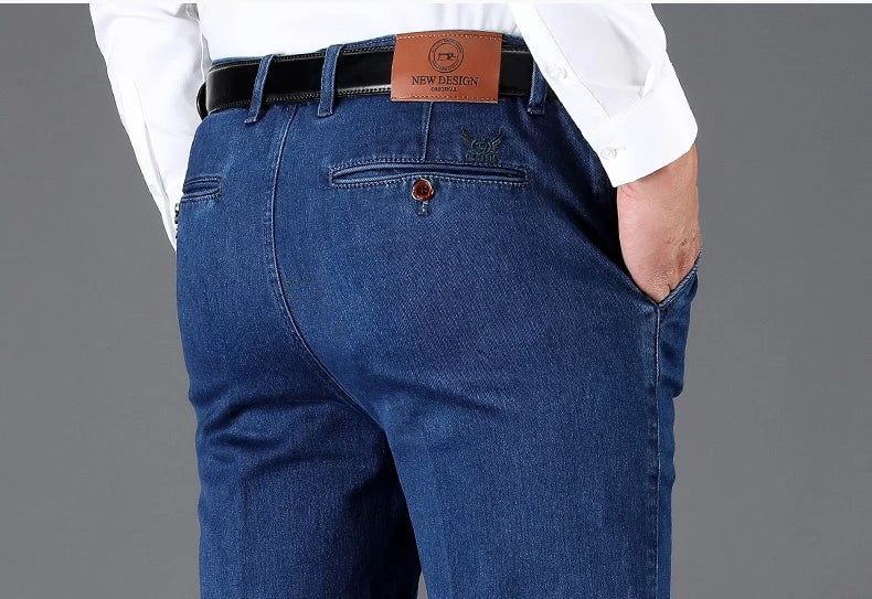 Classic Style Autumn and Winter Men's Thick High Waist Jeans Business Casual Denim Stretch Straight Trousers Male Brand Pants