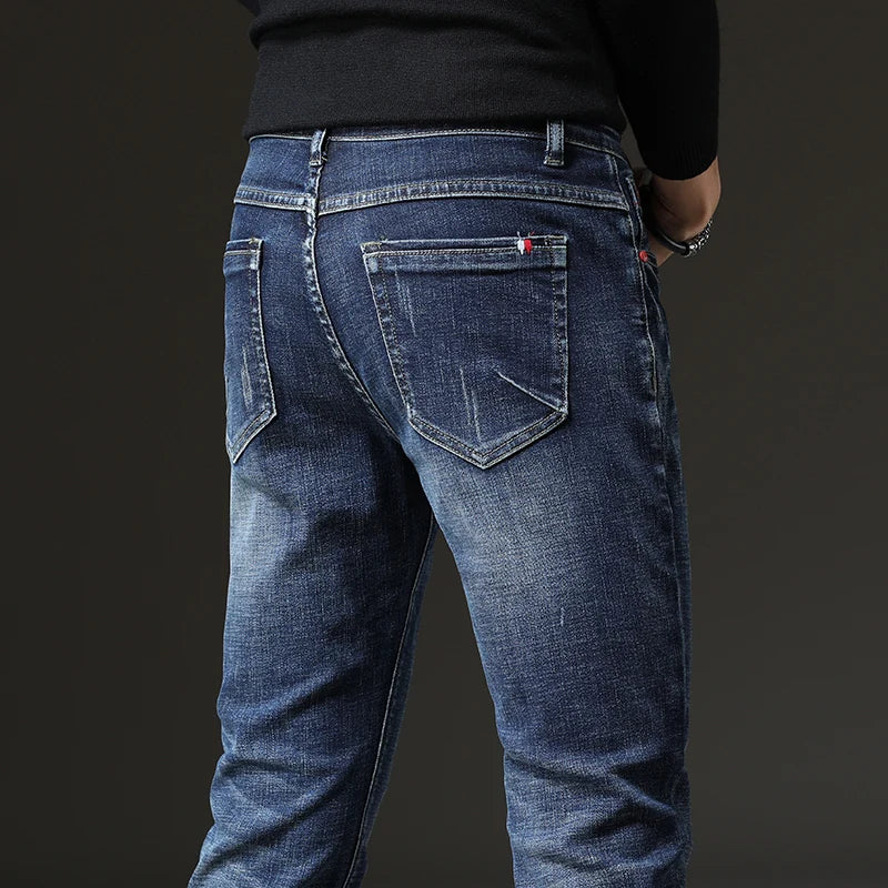 2023 Spring Autumn Men's Blue Jeans Solid Color Micro-elastic Classic Jeans Men Straight Slim Fashion Denim Trousers Male