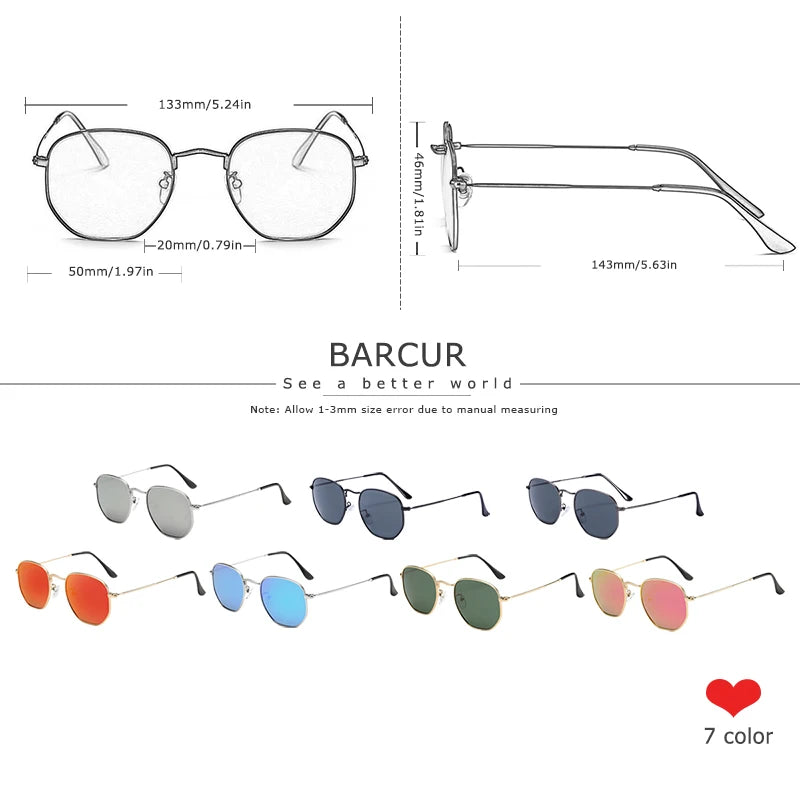 BARCUR Classic Retro Reflective Sunglasses Man Hexagon Sunglasses Metal Frame Eyewear Sun Glasses With Box Oculos De Sol gafas