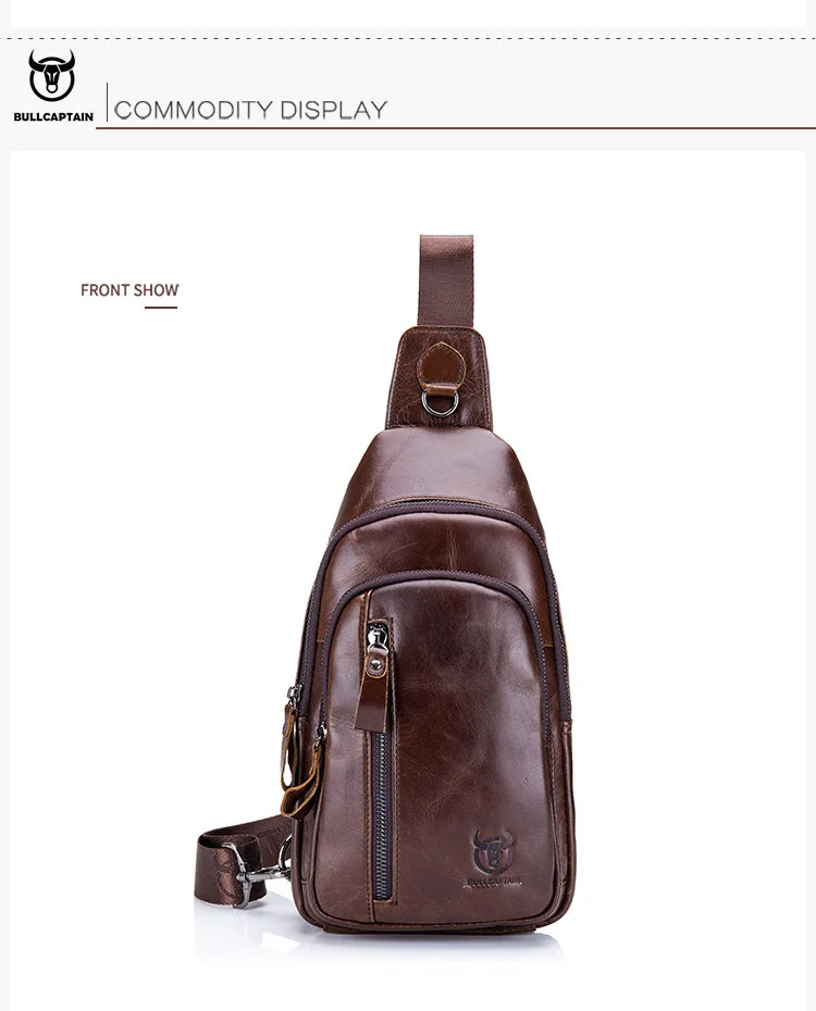 BULLCAPTAIN Men's Genuine Leather Casual Crossbody Bags Leather Chest Bag For Men Fashion Excursion Bag's Can Hold 7.9 Inch IPai