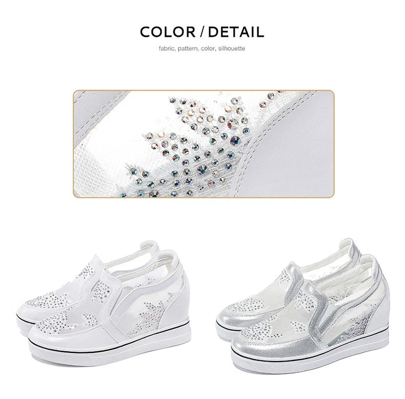 Comfortable Women Loafers Shoes Lace Slip On Walking Shoes White Sneakers Casual Shoes Ballet Flats Platform Shoes Rhinestone