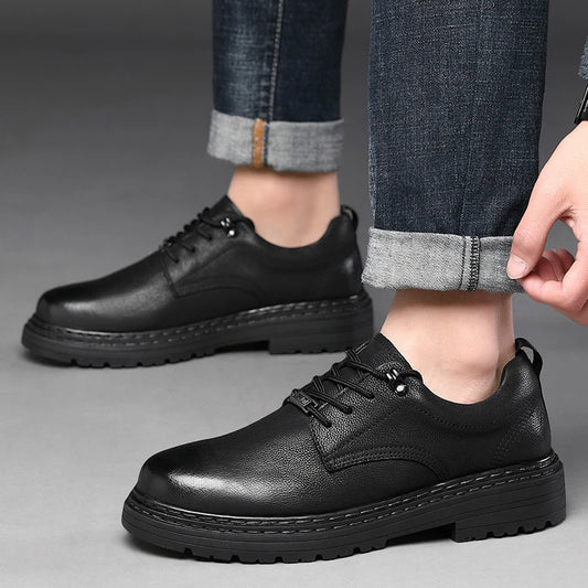 Business mens shoes Comfortable High Quality Genuine Leather Full Black Office Men Oxfords shose Spring/Autumn Shallow Lace-up