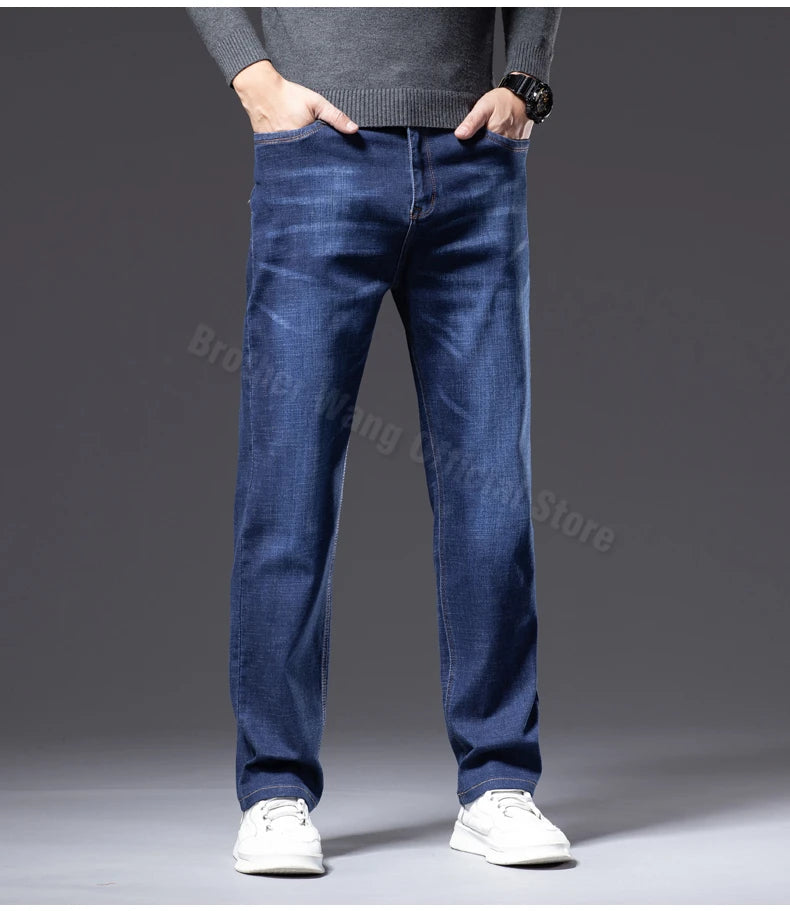 Autumn Men's Dark Blue Straight-leg Brand Jeans Classic Style Business Casual Cotton Stretch Denim Pants Male Plus Size 40 42 44