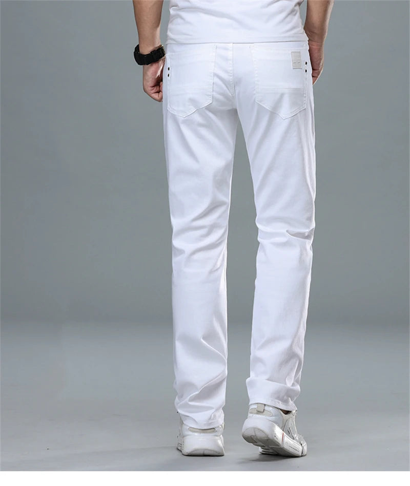 Classic Style Men's Regular Fit White Jeans Business Smart Fashion Denim Advanced Stretch Cotton Trousers Male Brand Pants