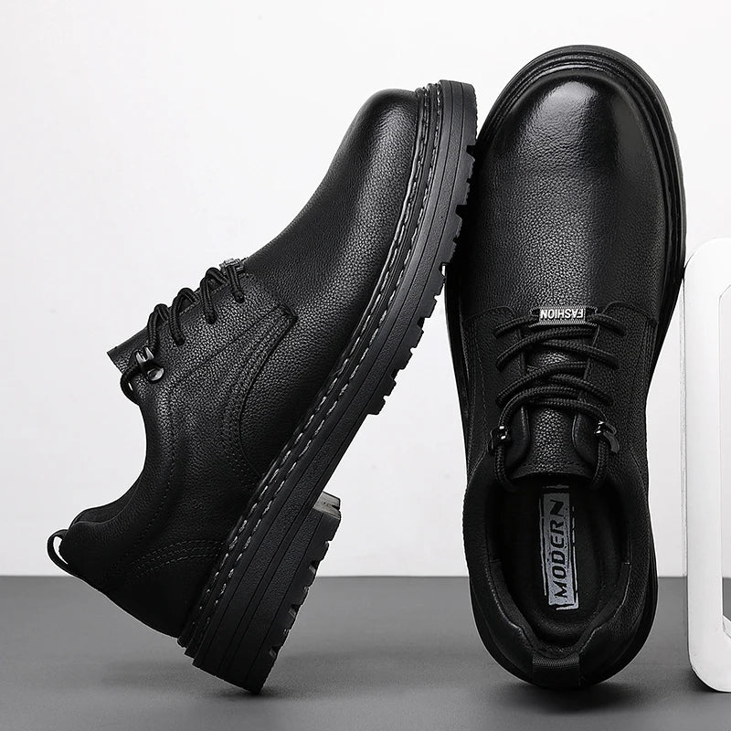 Business mens shoes Comfortable High Quality Genuine Leather Full Black Office Men Oxfords shose Spring/Autumn Shallow Lace-up