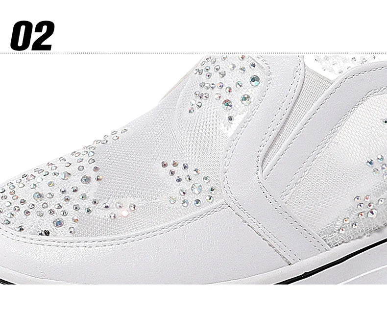 Comfortable Women Loafers Shoes Lace Slip On Walking Shoes White Sneakers Casual Shoes Ballet Flats Platform Shoes Rhinestone