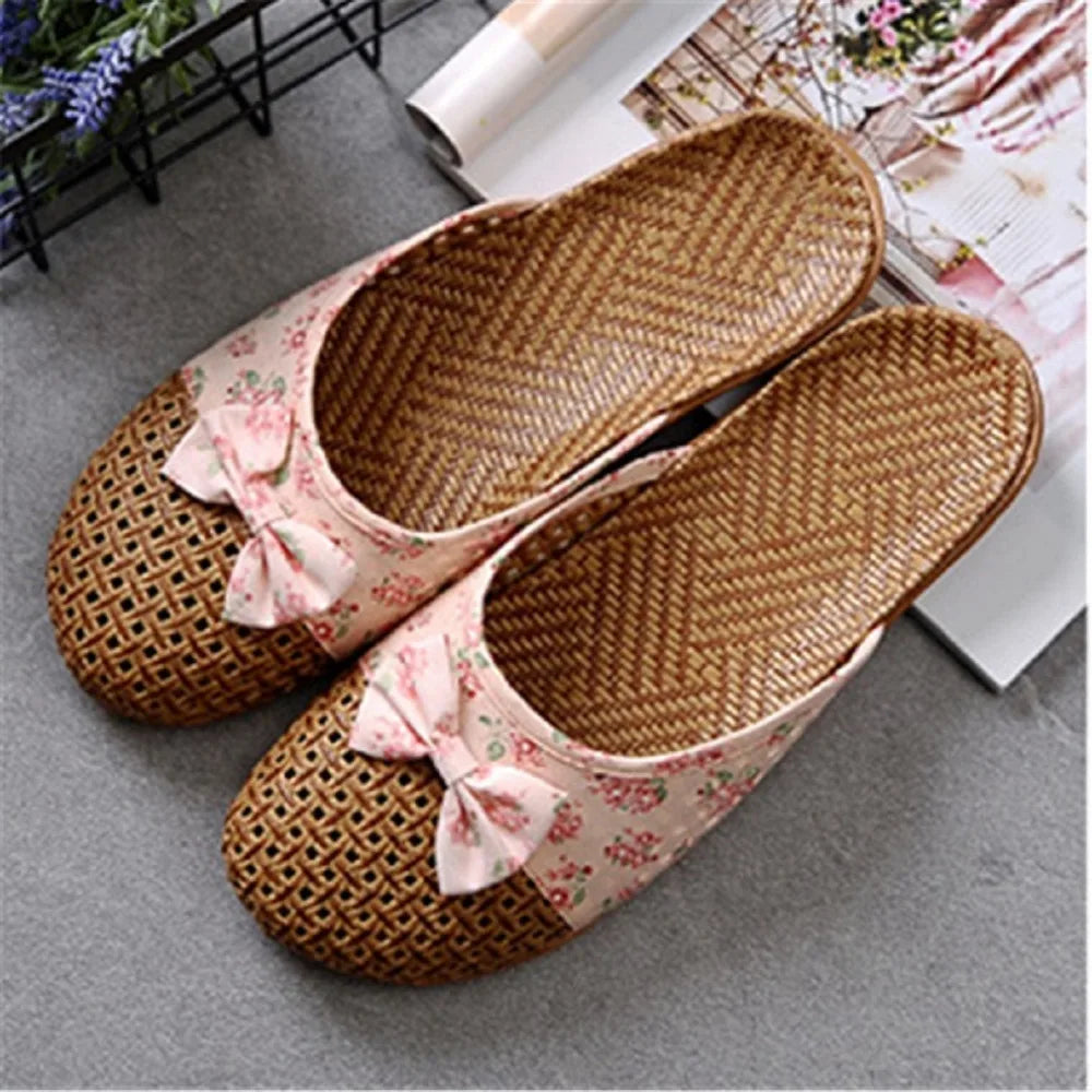 Shose Women Slippers Summer Beach Flip Flops Breathable Linen Flat Slippers Female Casual Flax Bow Ladies Slippers Sandals Shoes