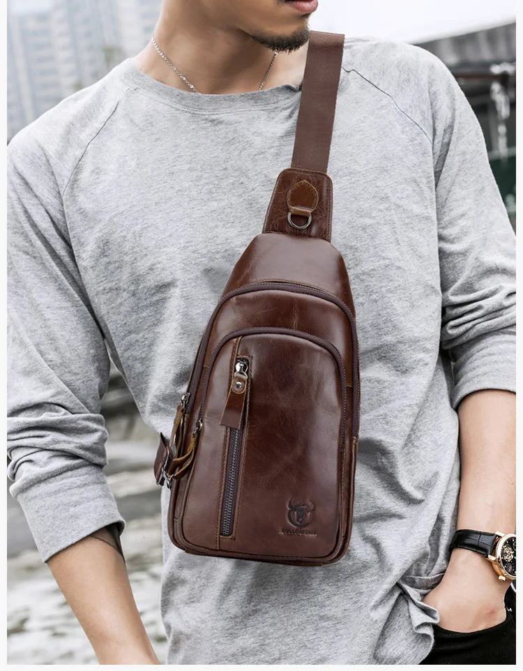 BULLCAPTAIN Men's Genuine Leather Casual Crossbody Bags Leather Chest Bag For Men Fashion Excursion Bag's Can Hold 7.9 Inch IPai