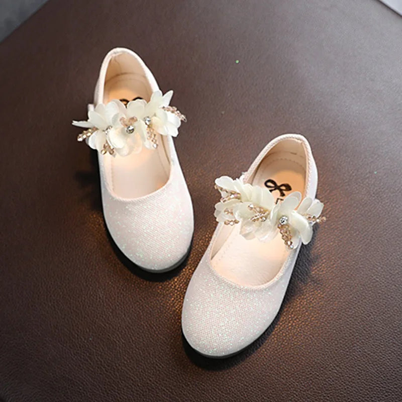 Kids Leather Girls Shoes Shining Flowers Princess Shoes For Baby Party Wedding Children Flats Spring Summer Dress Shoes