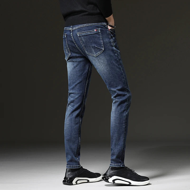 2023 Spring Autumn Men's Blue Jeans Solid Color Micro-elastic Classic Jeans Men Straight Slim Fashion Denim Trousers Male