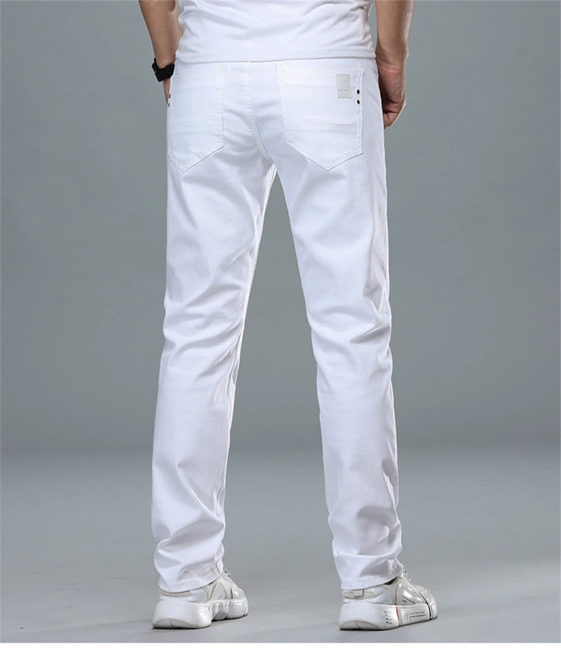 Classic Style Men's Regular Fit White Jeans Business Smart Fashion Denim Advanced Stretch Cotton Trousers Male Brand Pants