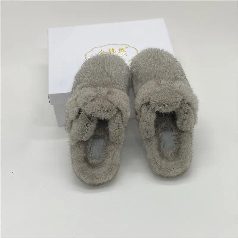 Real Leather Mink Fur Slippers Woman Luxury Flat Solid Color Horse Hair Round Toe Covered Toe Shoes Woman Designer Brand Casual