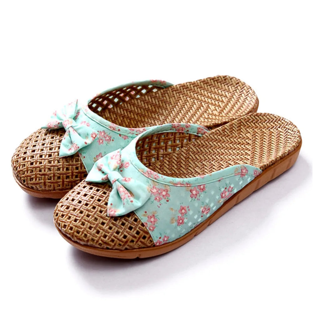 Shose Women Slippers Summer Beach Flip Flops Breathable Linen Flat Slippers Female Casual Flax Bow Ladies Slippers Sandals Shoes