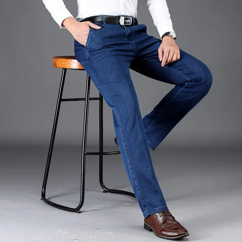 Classic Style Autumn and Winter Men's Thick High Waist Jeans Business Casual Denim Stretch Straight Trousers Male Brand Pants