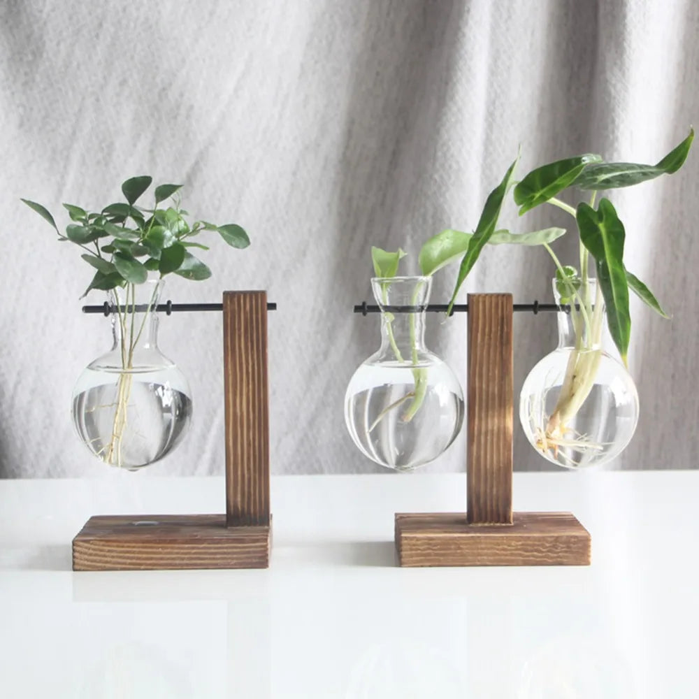 Glass and Wood Vase Planter Terrarium Table Desktop Hydroponics Plant Bonsai Flower Pot Hanging Pots with Wooden Tray Home Decor