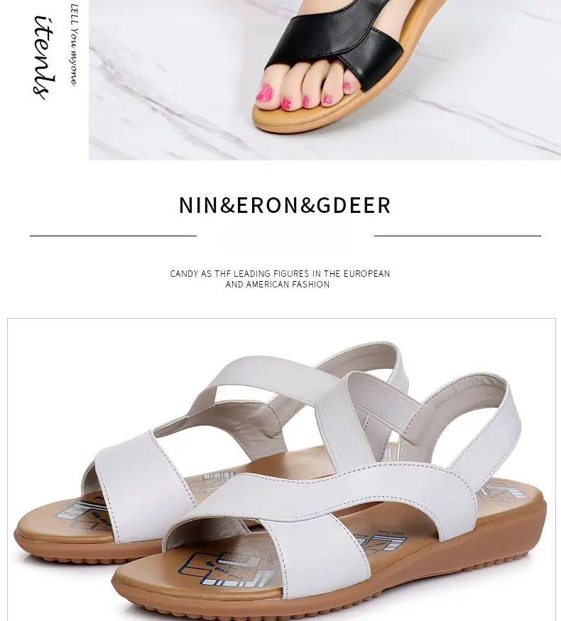 BEYARNE Cow Genuine Leather Sandals Women Flat Heel Sandals Fashion Summer Shoes Woman Sandals Summer Plus Size 34-43