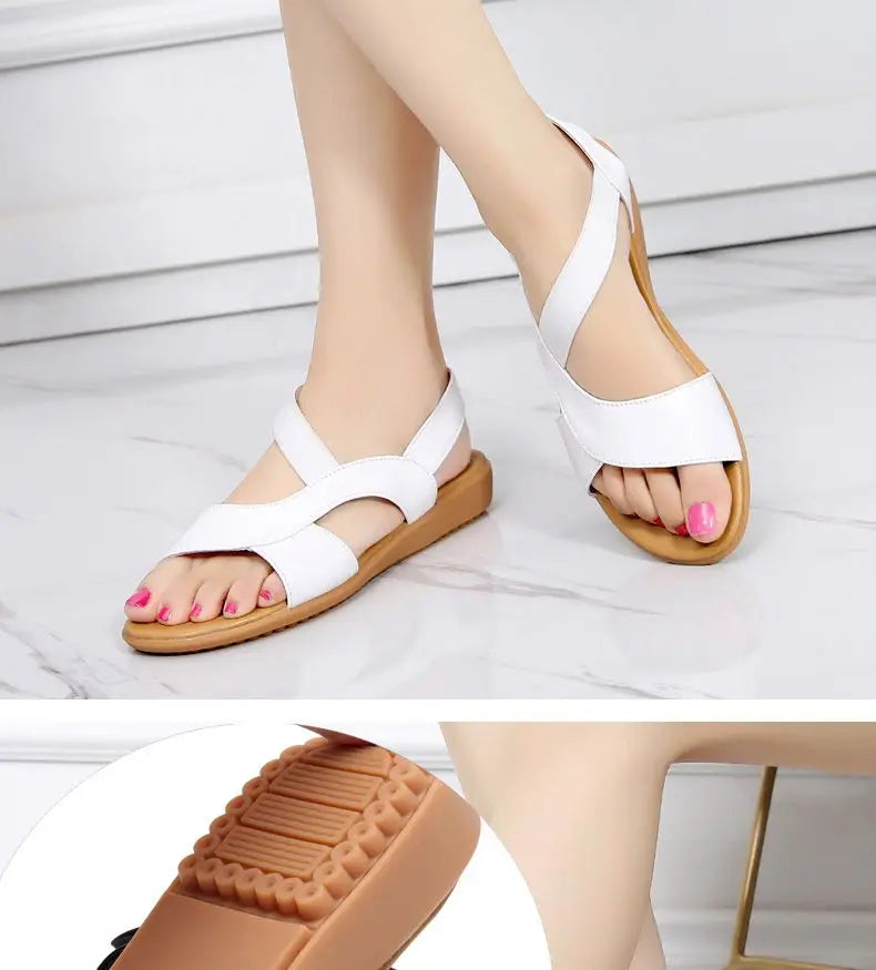 BEYARNE Cow Genuine Leather Sandals Women Flat Heel Sandals Fashion Summer Shoes Woman Sandals Summer Plus Size 34-43