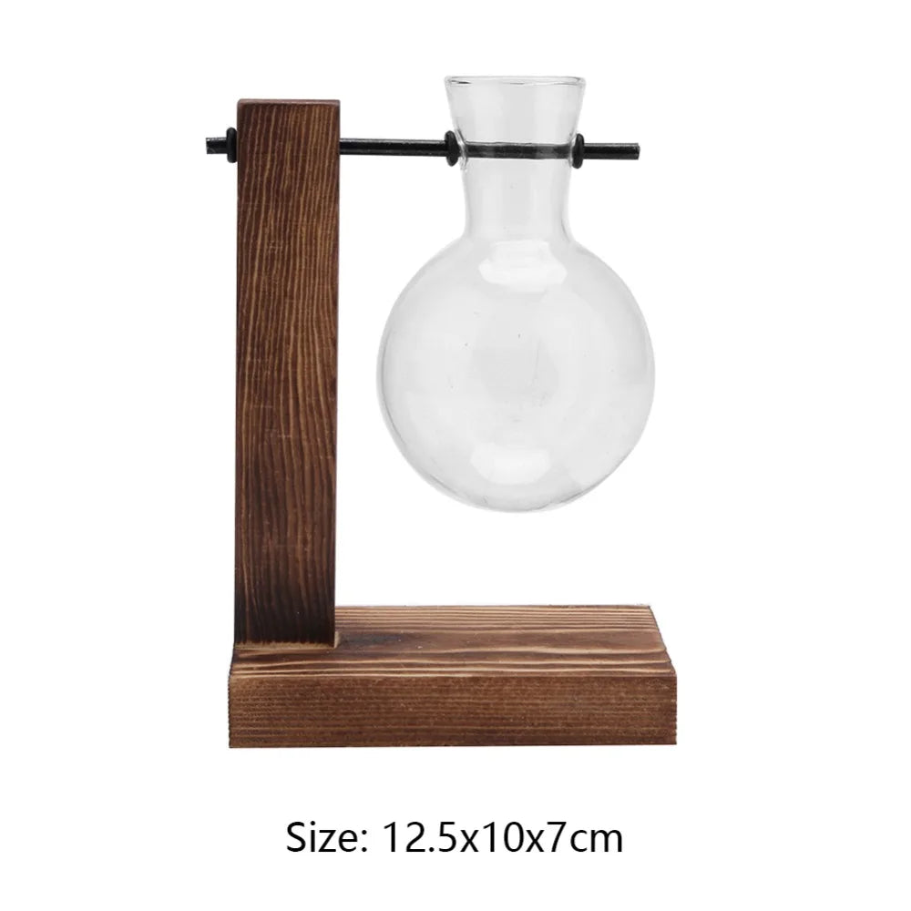 Glass and Wood Vase Planter Terrarium Table Desktop Hydroponics Plant Bonsai Flower Pot Hanging Pots with Wooden Tray Home Decor