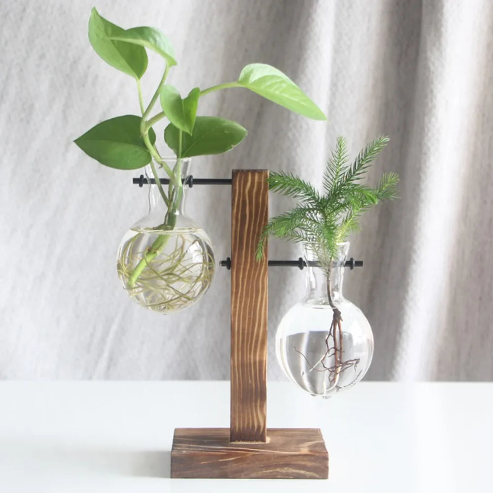 Glass and Wood Vase Planter Terrarium Table Desktop Hydroponics Plant Bonsai Flower Pot Hanging Pots with Wooden Tray Home Decor