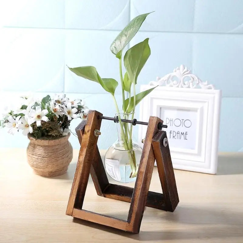 Glass and Wood Vase Planter Terrarium Table Desktop Hydroponics Plant Bonsai Flower Pot Hanging Pots with Wooden Tray Home Decor