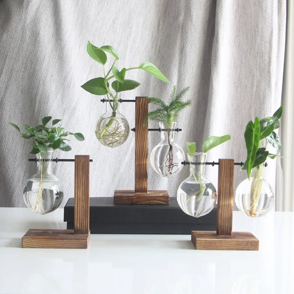 Glass and Wood Vase Planter Terrarium Table Desktop Hydroponics Plant Bonsai Flower Pot Hanging Pots with Wooden Tray Home Decor