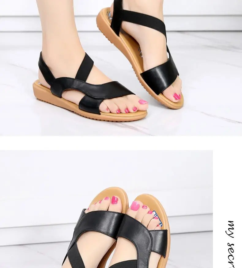 BEYARNE Cow Genuine Leather Sandals Women Flat Heel Sandals Fashion Summer Shoes Woman Sandals Summer Plus Size 34-43