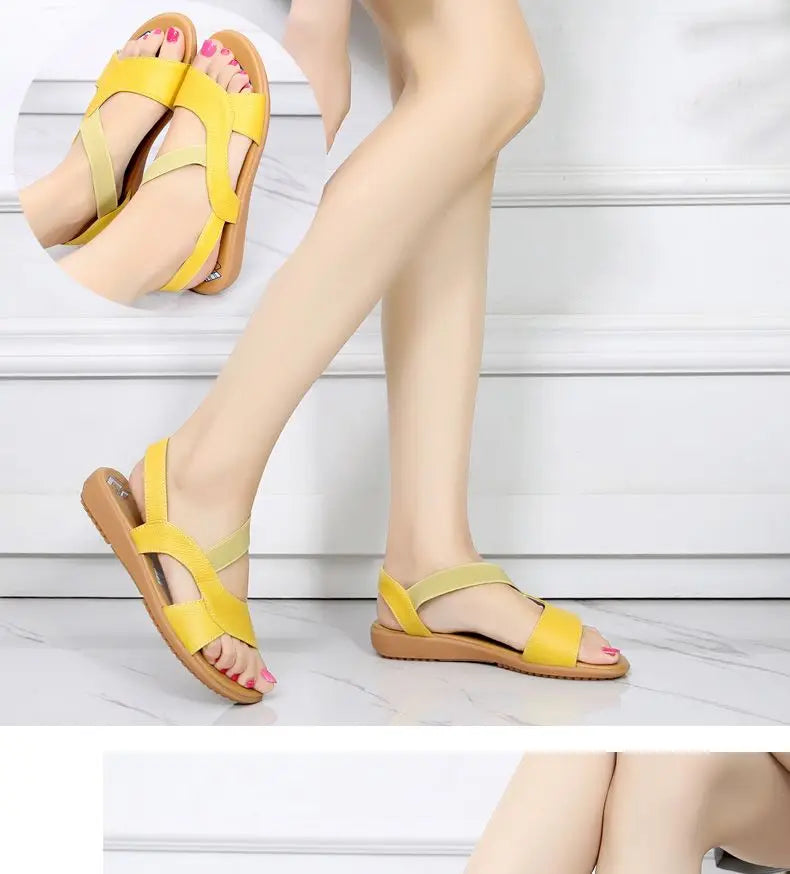 BEYARNE Cow Genuine Leather Sandals Women Flat Heel Sandals Fashion Summer Shoes Woman Sandals Summer Plus Size 34-43