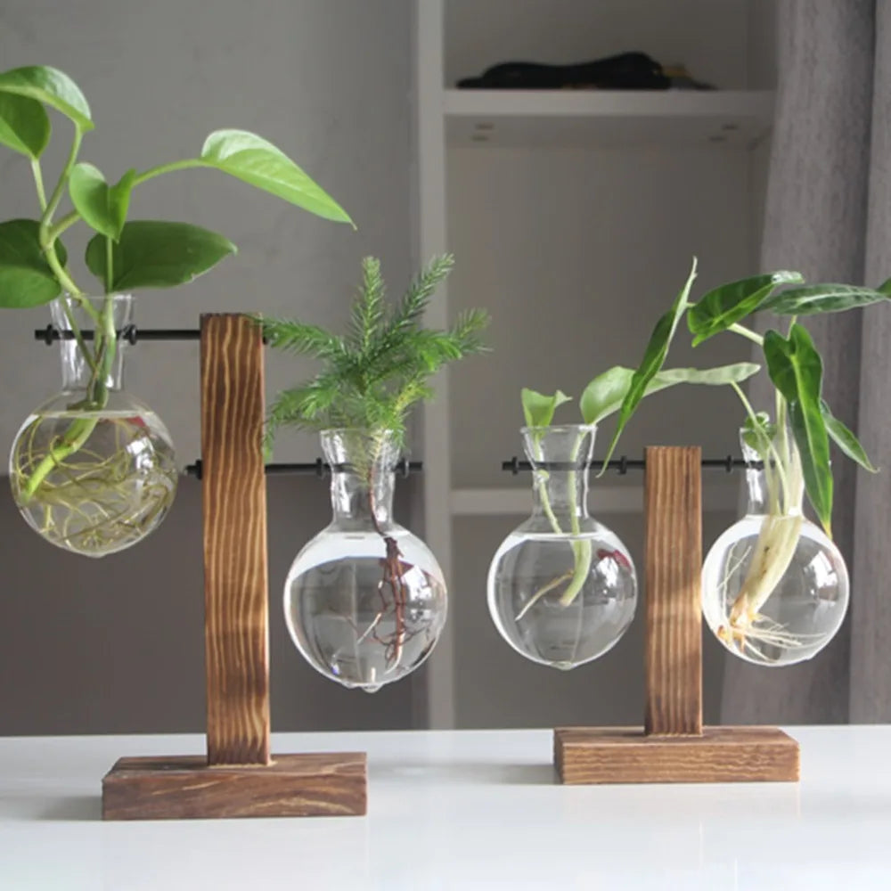 Glass and Wood Vase Planter Terrarium Table Desktop Hydroponics Plant Bonsai Flower Pot Hanging Pots with Wooden Tray Home Decor