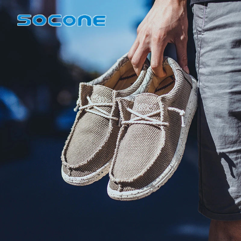 socone brand Men's canvas shoes, pedal deck shoes, casual cloth boat shoes, non-slip casual loafers, flat outdoor sports shoes