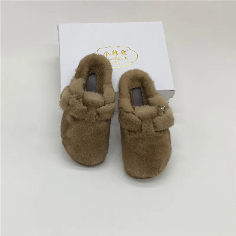 Real Leather Mink Fur Slippers Woman Luxury Flat Solid Color Horse Hair Round Toe Covered Toe Shoes Woman Designer Brand Casual